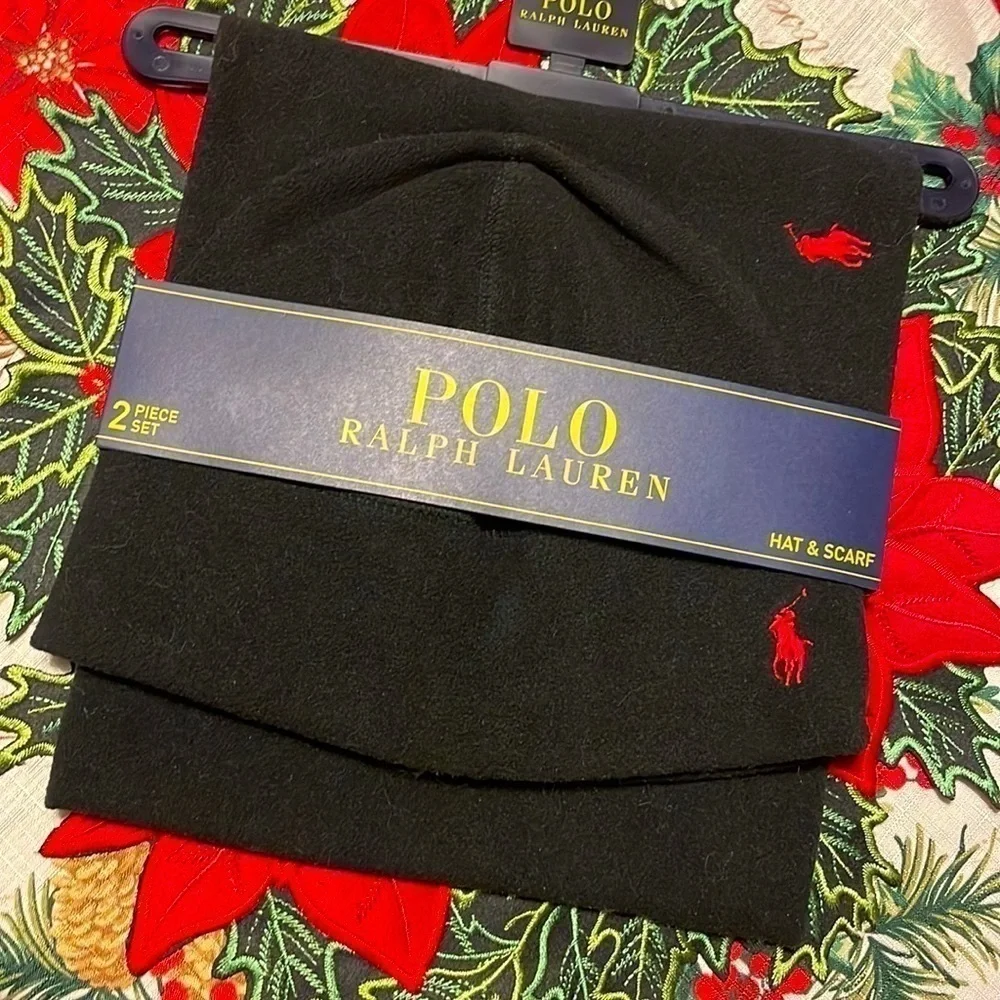 Brand New Polo Ralph Lauren Black Fleece 2-Piece Hat & Scarf Set Red Pony